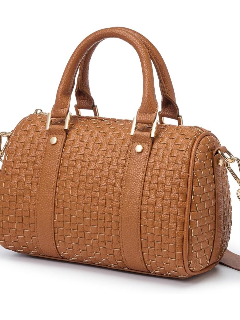 Checkered Woven Crossbody Bags For Women, Vegan leather Top Handbag Barrel Satch
